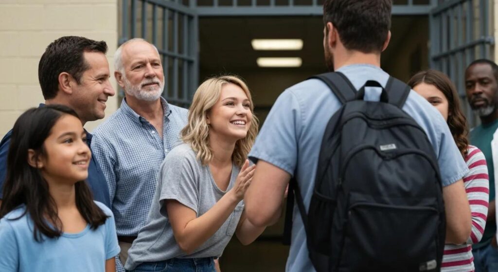 Family welcoming a released inmate outside a correctional facility
