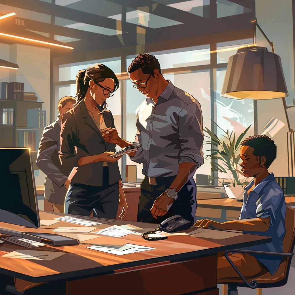Bail bondsman assisting a family with emergency bail bond assistance in a supportive office environment