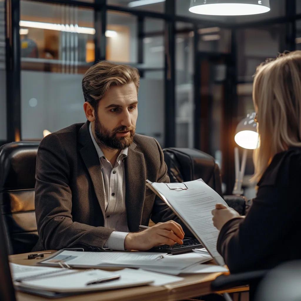 Licensed bail bond agent assisting a client in a professional office, highlighting trust and reliability