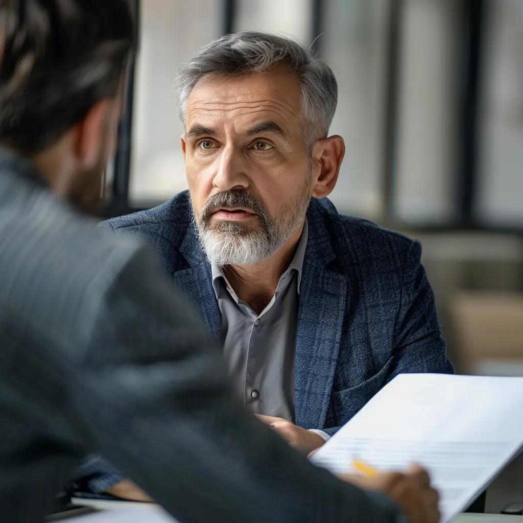 Professional bail bondsman discussing terms with a client in a private office