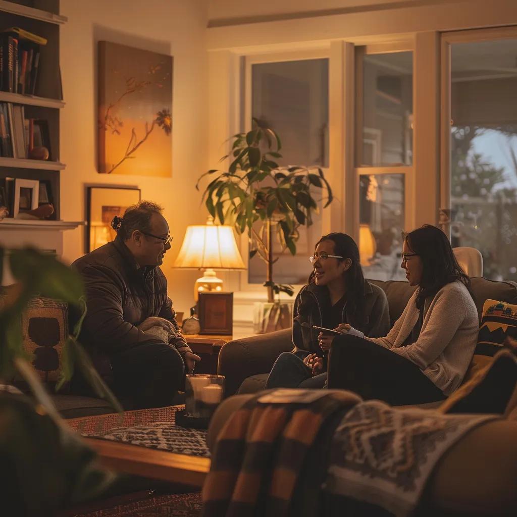 Family discussing bail bonds in a cozy living room, highlighting support and understanding