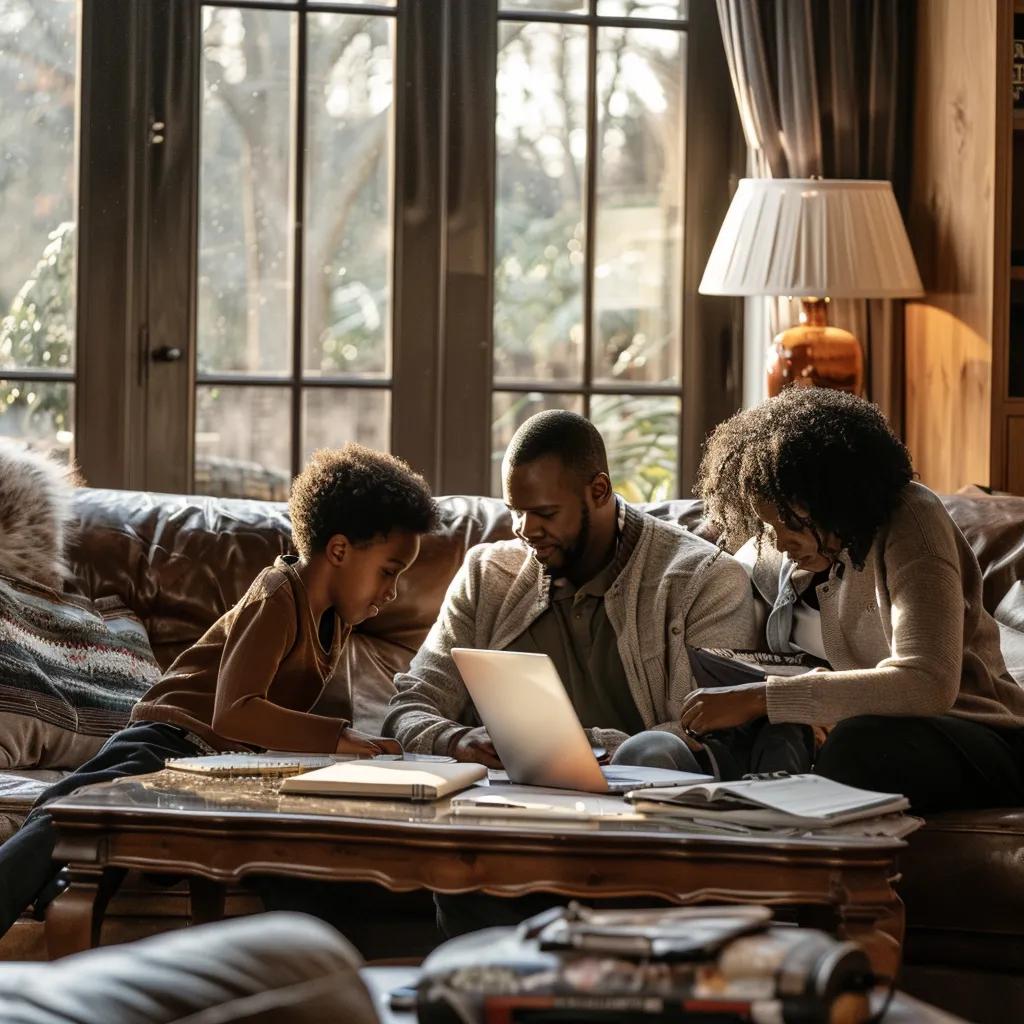 Family discussing bail bond options in a cozy living room with paperwork and a laptop