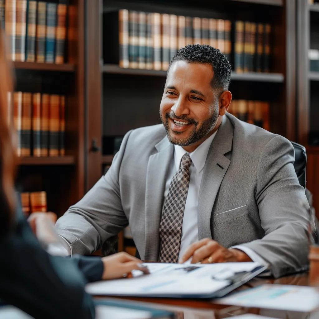 Bail bond agent assisting a client in an office, showcasing professionalism and support