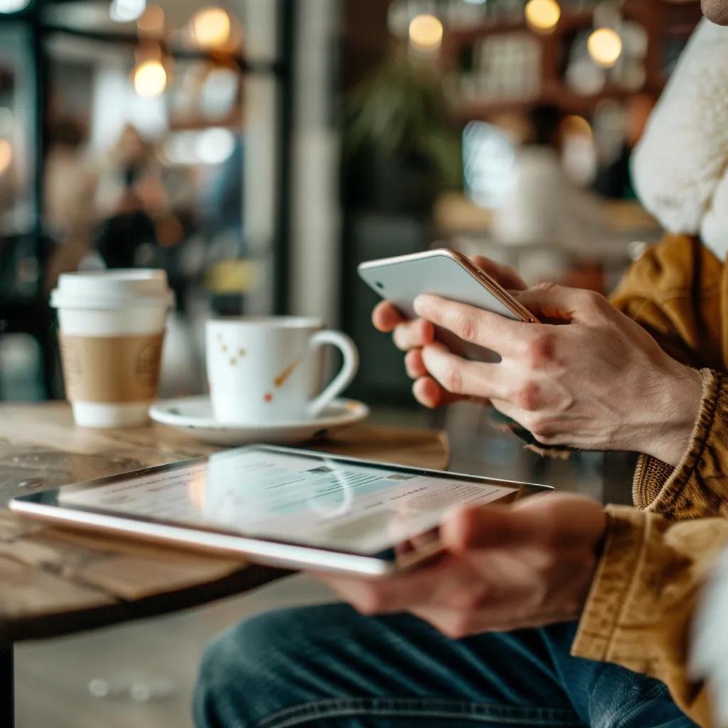 Person reviewing bail bond payment options on a tablet in a coffee shop