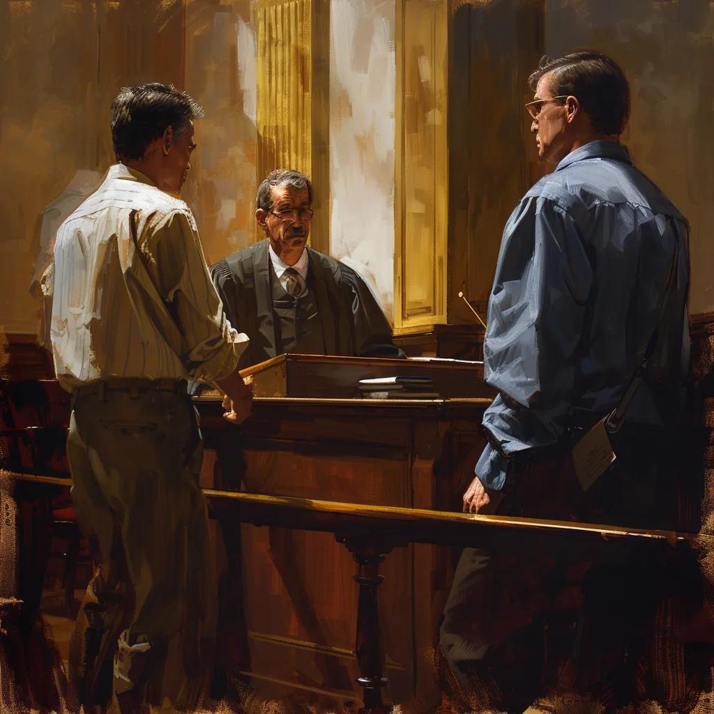 Courtroom scene illustrating the bail bond process with a judge, defendant, and bail bondsman