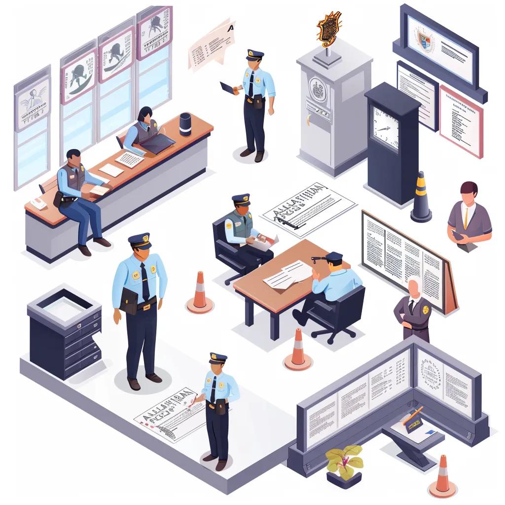 Visual representation of the bail bond process with police officer, courthouse, and bail bond agent